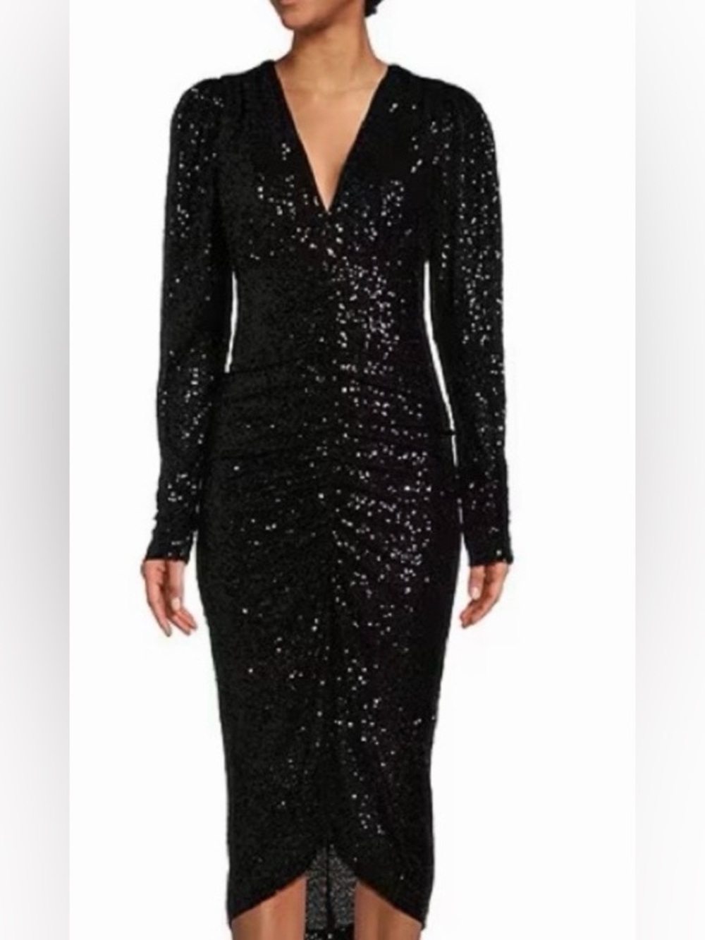 Gibson & Latimer Black Sequin Long Sleeve Ruched Bodycon Midi Cocktail Dress M